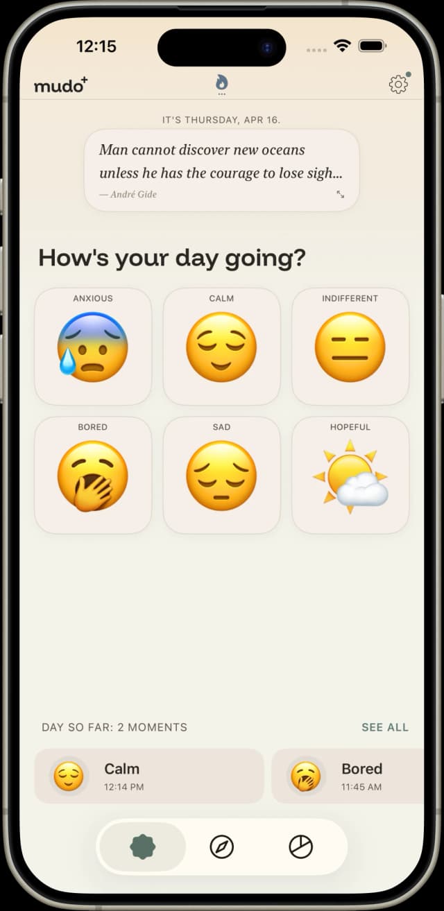 Mudo mood check-in screen with six-mood grid